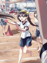 6+boys 6+girls arm_up barefoot black_hair black_jacket black_shorts blue_bow blue_hairband blush bow braid bread bread_eating_race brown_eyes clothes_pin commentary_request day food gym_shirt gym_shorts gym_uniform hair_between_eyes hairband hand_on_own_hip heart heart-shaped_pupils highres holding jacket jumping long_hair long_sleeves low_twintails multiple_boys multiple_girls open_mouth original outdoors pentagon_(railgun_ky1206) puffy_long_sleeves puffy_sleeves red_hairband shirt shorts sleeves_past_wrists symbol-shaped_pupils tears traffic_cone twin_braids twintails v-shaped_eyebrows very_long_hair white_hair white_shirt yellow_bow yellow_hairband