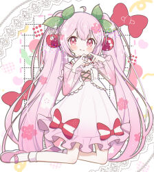 aobahosino blush_stickers bow closed_mouth dress full_body hatsune_miku heart heart_hands highres kneeling long_hair looking_at_viewer miku_day pink_dress pink_hair pink_shoes red_bow red_eyes sakura_miku shoes smile socks striped_bow twintails very_long_hair vocaloid white_socks