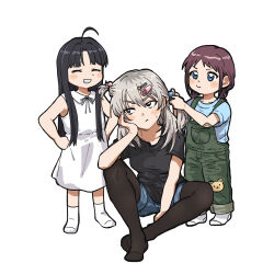 3girls aged_down ahoge armpit_peek awa_subaru black_hair blue_eyes child closed_eyes dress girls_band_cry grey_eyes grey_hair grin hair_ornament hair_ribbon hairclip hand_on_own_face highres iseri_nina kawaragi_momoka light_blush long_hair multiple_girls nes_q no_shoes on_ground overalls pantyhose red_hair ribbon shirt shorts simple_background sitting smile socks standing t-shirt tying_another&#039;s_hair unamused white_background white_dress