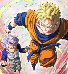 Rule 34 | 2boys, absurdres, blonde hair, blue eyes, blue shirt, dragon ball, dragonball z, green eyes, grey pants, highres, male focus, multiple boys, muscular, muscular male, orange pants, orange shirt, pants, purple hair, shirt, son gohan (future), spiked hair, super saiyan, super saiyan 1, trunks (dragon ball), trunks (future) (dragon ball), white shirt, yui fightpaint