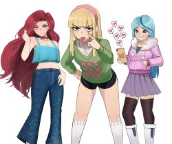 3girls andrea_davenport black_choker black_shorts blonde_hair blue_hair blue_pants blue_tank_top blunt_bangs boots brown_thighhighs cellphone character_request chelsea_(ruby_gillman) choker commentary copyright_request crossover denim earrings english_commentary eyelid_pull feet_out_of_frame fur_trim green_vest grin hairband hand_on_own_hip heart highres holding holding_phone hoop_earrings jeans jewelry jourd4n kendall_perkins kick_buttowski long_hair long_sleeves looking_at_viewer multicolored_hair multiple_girls navel pants phone pink_hairband pleated_skirt purple_skirt red_hair ruby_gillman:_teenage_kraken shorts simple_background skirt smartphone smile socks standing streaked_hair tank_top the_ghost_and_molly_mcgee thighhighs thighs tongue tongue_out v-shaped_eyebrows vest white_background white_footwear white_socks