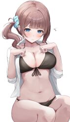 1girl asymmetrical_sidelocks bare_legs bikini black_bikini blue_eyes blunt_bangs blush breasts brown_hair cleavage closed_mouth collarbone commentary_request front-tie_bikini_top front-tie_top hair_ornament hair_scrunchie hands_on_own_chest hands_up highres kunizaki large_breasts looking_at_viewer medium_hair mochizuki_honami navel open_clothes open_shirt project_sekai scrunchie shirt side_ponytail sidelocks simple_background sitting sleeves_pushed_up solo stomach swimsuit thighs white_background white_shirt