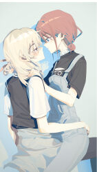 Rule 34 | 2girls, absurdres, black shirt, black sweater vest, blue eyes, blue overalls, blush, brown hair, commentary, english commentary, eye contact, girls band cry, grey eyes, grey hair, hand in another&#039;s hair, highres, iseri nina, kawaragi momoka, long hair, looking at another, multicolored hair, multiple girls, on lap, open mouth, overalls, parted lips, roots (hair), shirt, short hair, sitting, sweater vest, ydpfa, yuri