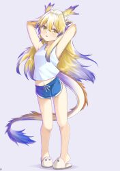 1girl aged_down alternate_costume arknights arms_behind_head arms_up blonde_hair blue_shorts blush chinese_commentary colored_extremities commentary_request dolphin_shorts dragon_girl dragon_horns dragon_tail full_body grey_background groin hair_between_eyes horns jiangshibu!@#$ long_hair looking_at_viewer multicolored_hair navel no_socks parted_lips partial_commentary purple_hair short_shorts shorts shu_(arknights) simple_background sleeveless slippers solo standing tail tank_top white_hair white_slippers white_tank_top yellow_eyes