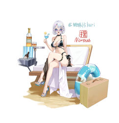 1girl absurdres artist_logo artist_name bikini black_bikini black_sarong blue_eyes blue_innertube blue_nails bottle bow bow_bikini breasts chair character_name character_request chinese_commentary clothes_writing copyright_request crossed_legs cup earrings fingernails full_body green_nails grey_hair grey_sandals hair_ornament hairclip hand_up heart heart_in_eye high_heel_sandals high_heels highres holding holding_cup ice ice_cube jewelry large_breasts logo looking_at_viewer lounge_chair mole mole_on_breast nail_polish navel nereus_(ta03545) official_art open_mouth parted_bangs pointy_ears sandals sarong short_hair simple_background sitting smile solo suitcase sunglasses swimsuit symbol_in_eye table teeth thigh_strap toenail_polish toenails two-tone_sarong virtual_youtuber wet white_background white_bow white_sarong