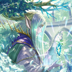 Rule 34 | 1boy, animal ears, antlers, aqua hair, arch, blue eyes, blue gemstone, cape, circlet, commentary, curtained hair, dappled sunlight, day, deer ears, falling petals, floating, floating object, flower, from side, gem, glowing gem, gradient hair, green cape, hands up, horns, indoors, leaf, light particles, long hair, long sleeves, looking at object, male focus, multicolored hair, object floating above hand, original, pale skin, parted bangs, parted lips, petals, pillar, profile, purple cape, robe, scallgo, sidelocks, smile, solo, sprout, sunlight, symbol-only commentary, tree horns, upper body, white flower, white hair, white robe, wide sleeves