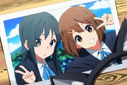 2girls absurdres akiyama_mio animal_ears black_hair blazer blue_neckwear blue_skirt brown_eyes brown_hair cat_ears cloud collared_shirt commentary_request day fake_animal_ears grey_eyes grin hair_ornament hairclip highres hirasawa_yui jacket k-on! long_hair long_sleeves looking_at_viewer mountainous_horizon multiple_girls open_mouth outdoors photo_(object) sakuragaoka_high_school_uniform sando_(dukedevil) school_uniform shirt short_hair sidelocks skirt sky smile tree v white_shirt