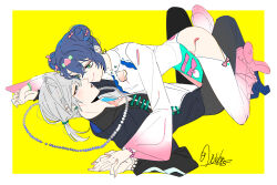 1boy 1girl belle_(zenless_zone_zero) black_pants blue_hair blush bracelet brother_and_sister china_dress chinese_clothes cleavage_cutout clothing_cutout double_bun dress food-themed_hair_ornament green_eyes hair_bun hair_ornament highres holding_hands interlocked_fingers itiha008 jewelry low_ponytail lying_on_person official_alternate_costume pants pearl_bracelet ponytail short_hair siblings smile thigh_cutout white_dress wise_(zenless_zone_zero) zenless_zone_zero