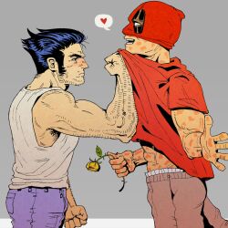 2boys abs analkjh arm_hair black_hair blush clenched_hand closed_mouth clothes_grab deadpool deadpool_(series) facial_hair flower heart highres holding holding_flower looking_at_another male_focus marvel mask mask_lift multiple_boys muscular muscular_male open_mouth pants red_mask red_shirt scar scars_all_over shirt short_hair short_sleeves smile spoken_heart tank_top teeth too_many white_tank_top wolverine_(x-men) x-men yaoi