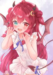 Rule 34 | 1girl, absurdres, ahoge, bat hair ornament, crescent, crescent hair ornament, demon, demon girl, demon horns, demon tail, demon wings, fang, flower, gradient background, hair ornament, heterochromia, highres, horns, matcha november, nijisanji, paw pose, red hair, skin fang, tail, virtual youtuber, wings
