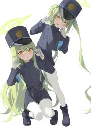 2girls absurdres blue_archive commentary fang flat_chest full_body green_hair green_halo halo hat highres hikari_(blue_archive) lizard0221 looking_at_viewer multiple_girls nozomi_(blue_archive) siblings simple_background skirt twins twintails white_background yellow_eyes