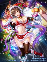 1girl amazio_komeko azami_(saga) bell black_hair black_legwear blue_eyes box breasts christmas christmas_tree cleavage fur_trim gift gift_bag floral_bow gift_box gloves hat holding holding_sack holly imperial_saga katana large_breasts navel official_art one_eye_closed romancing_saga_2 sack saga sandals santa_hat scarf short_hair smile snowflake_print square_enix sword weapon white_gloves window