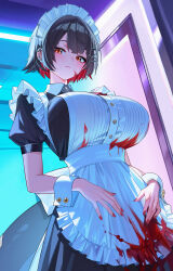 1girl absurdres apron black_dress blood blood_on_clothes blood_on_face breasts colored_inner_hair commentary_request doorway dress ellen_joe fins fish_tail from_below highres indoors large_breasts looking_at_viewer maid_apron maid_headdress mole mole_under_eye multicolored_hair puffy_short_sleeves puffy_sleeves red_eyes red_nails shark_girl shark_tail short_sleeves solo tail wrist_cuffs yueyueyue_yao zenless_zone_zero
