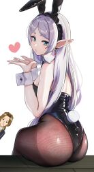 1boy 1girl alternate_costume animal_ears ass black_leotard breasts commentary_request elf fake_animal_ears fake_tail frieren frieren_blowing_a_kiss from_behind green_eyes hair_down heart highres leotard long_hair looking_at_viewer pantyhose playboy_bunny pointy_ears rabbit_ears rabbit_tail sein_(sousou_no_frieren) simple_background small_breasts solo_focus sousou_no_frieren tail white_background yami_anko