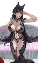 1girl absurdres alternate_costume atago_(azur_lane) azur_lane black_dress black_hair breasts chronopattern_dress cleavage dress extra_ears feet_out_of_frame gem hair_ribbon highres huge_breasts jewelry large_breasts long_hair looking_at_viewer meme_attire navel open_mouth red_gemstone revealing_clothes ribbon ring sitting solo teeth tongue tongue_out upper_teeth_only very_long_hair wedding_ring white_ribbon yellow_eyes yuzuriha_(pixiv_14248010)