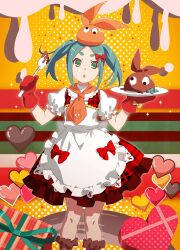 Rule 34 | 1girl, apron, aqua hair, bakemonogatari, bow, brown socks, chocolate, dress, gloves, green eyes, hands up, heart, holding, holding plate, holding spoon, looking at viewer, maid, maid apron, monogatari (series), monogatari series puc puc, multicolored background, neckerchief, ononoki yotsugi, open mouth, orange background, orange headwear, orange neckerchief, plate, red bow, red dress, red gloves, red skirt, short sleeves, skirt, socks, spoon, standing, third-party source, twintails, valentine, watanabe akio