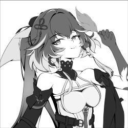 Rule 34 | 1girl, absurdres, bare shoulders, breasts, changli (wuthering waves), china dress, chinese clothes, closed mouth, dress, feathers, greyscale, hair between eyes, hair ornament, highres, holding, holding leaf, leaf, long hair, looking at viewer, monochrome, simple background, smile, solo, white background, wuthering waves, yinxinguozi