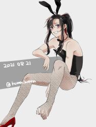 1boy after_footjob ahoge alternate_costume androgynous animal_ears bare_arms bare_shoulders black_hair black_leotard black_ribbon blush collarbone crossdressing cum cum_on_body cum_on_feet dated fake_animal_ears fake_tail feet fishnet_pantyhose fishnets full_body grey_background grin hair_ribbon high_heels highres implied_yaoi invisible_chair koma_horen leotard long_hair looking_at_viewer male_focus male_playboy_bunny modao_zushi neck_ribbon pantyhose playboy_bunny ponytail purple_eyes rabbit_ears rabbit_tail red_ribbon red_shoes ribbon shoes sidelocks simple_background single_shoe sitting smile solo strapless strapless_leotard tail toes trap twitter_username wei_wuxian