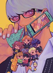 5boys 5girls amagi_yukiko androgynous bear black_hair blonde_hair blue_eyes blue_hair blush brown_eyes brown_hair cellphone cellphone_charm charm_(object) closed_eyes closed_mouth crossdressing doujima_nanako doujima_ryoutarou facial_hair father_and_daughter flip_phone glasses green_jacket grey_eyes grey_hair hairband hanamura_yousuke hat headphones headphones_around_neck highres jacket kujikawa_rise kuma_(persona_4) long_hair multiple_boys multiple_girls narukami_yu navoreee newsboy_cap one_eye_closed open_mouth persona persona_4 phone red_hair reverse_trap satonaka_chie school_uniform serafuku shirogane_naoto shirt short_hair simple_background skirt smile sticker stubble tatsumi_kanji tomboy track_jacket twintails uncle_and_nephew yasogami_school_uniform yellow_background