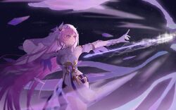1girl absurdres black_shorts bow_(weapon) breasts cha_noha commentary_request corset crystal_shards diamond-shaped_pupils diamond_(shape) elf elysia_(herrscher_of_human:_ego)_(honkai_impact) elysia_(honkai_impact) energy_arrow gloves highres honkai_(series) honkai_impact_3rd long_hair night night_sky pink_hair pointy_ears purple_eyes short_shorts shorts sky smile solo star_(sky) starry_sky symbol-shaped_pupils veil very_long_hair weapon white_corset white_gloves white_veil