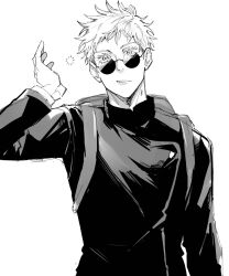Rule 34 | 1boy, aged down, black jacket, closed mouth, eyelashes, gojou satoru, greyscale, highres, jacket, jujutsu kaisen, jujutsu tech uniform, long sleeves, looking up, male focus, monochrome, rakkyuu, round eyewear, short hair, simple background, solo, upper body, white background