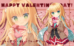 Rule 34 | 1girl, :3, ahoge, ambitious mission, aqua scarf, black shirt, blonde hair, blush, bow, box, brown jacket, charlotte di curvehorn yeatz, closed mouth, company name, copyright name, cowboy shot, drop shadow, english text, eyes visible through hair, fringe trim, gift, green eyes, hair between eyes, hair ornament, hand up, hanesaki seika, happy, happy valentine, heart, heart-shaped box, highres, holding, holding gift, jacket, long hair, long scarf, long sleeves, looking at viewer, miniskirt, official art, official wallpaper, one side up, open clothes, open jacket, pink background, plaid clothes, plaid scarf, pleated skirt, pom pom (clothes), pom pom hair ornament, red bow, red skirt, scarf, school uniform, shirt, sidelocks, simple background, skirt, smile, solo, speech bubble, straight hair, valentine, zoom layer