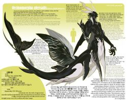 1boy black_skin claws colored_skin commentary fins gills gradient_background green_hair head_fins highres korean_text looking_at_viewer male_focus merman monster_boy nyahu_backup original simple_background translation_request webbed_hands yellow_background yellow_eyes