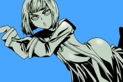 Rule 34 | 1girl, blue background, blunt bangs, bob cut, commentary request, dragon quest, dragon quest x, flat chest, foot up, greyscale with colored background, historica (dq10), looking at viewer, open mouth, ozogori (user tzaz2447), robe, short hair, solo