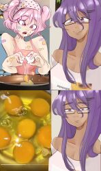 absurdres black_skin colored_skin cooking doki_doki_literature_club egg frying_pan highres meme natsuki_(doki_doki_literature_club) non-web_source pink_eyes pink_hair pink_shirt purple_eyes purple_hair shirt wormygums yuri yuri_(doki_doki_literature_club)
