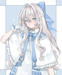 Rule 34 | 1girl, blue background, blue bow, blue bowtie, blue eyes, blue sailor collar, blush, bow, bowtie, capelet, closed mouth, commentary, dress, frilled capelet, frilled sailor collar, frills, gloves, grey hair, hair between eyes, hair bow, hand up, highres, long hair, looking at viewer, original, sailor collar, solo, twitter username, upper body, white capelet, white dress, white gloves, yuni 0205