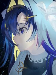 Rule 34 | 1girl, black background, black hairband, blonde hair, blue eyes, blue hair, colored inner hair, hair intakes, hair ornament, hairband, highres, long hair, multicolored hair, portrait, profile, reverse:1999, solo, star (symbol), star hair ornament, terazuki, voyager (reverse:1999)