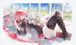1girl apple arknights arm_belt belt belt_buckle black_belt black_boots black_jacket boots buckle closed_mouth commentary day earrings falling_petals flower food fruit glint grass halo highres holding holding_flower holding_food holding_fruit jacket jewelry lace-up_boots laterano_logo lemuen_(arknights) light_particles long_hair lxc lying on_back outdoors petals pink_eyes pink_hair pink_ribbon plant ribbon romaji_commentary sleeve_belt sleeve_garter smile solo sunlight thigh_boots traditional_halo white_flower white_halo zipper