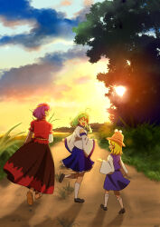 3girls :d ahoge bare_shoulders blonde_hair blue_skirt brown_hat closed_eyes cloud collared_shirt detached_sleeves frilled_skirt frills frog_hair_ornament green_hair hair_ornament hair_ribbon hair_tubes hat highres kochiya_sanae leaf_hair_ornament long_sleeves looking_at_another looking_at_viewer medium_hair moriya_suwako multiple_girls murasaki_tsutsuji open_mouth outdoors purple_hair purple_shirt purple_skirt red_shirt red_skirt ribbon shirt single_hair_tube single_sidelock skirt skirt_set sky sleeveless sleeveless_shirt smile snake_hair_ornament sunset touhou white_sleeves wide_sleeves yasaka_kanako
