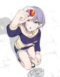 1girl anglediana arm_up bang_dream! bang_dream!_it&#039;s_mygo!!!!! blue_hoodie blue_shorts brown_eyes chinese_commentary commentary_request copyright_request gem grey_hair highres holding holding_gem hood hood_down hoodie long_sleeves open_mouth parody_request shadow short_hair shorts solo squatting takamatsu_tomori variant_set