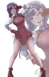 1girl asamiya_athena bike_shorts boots breasts curvy dress female_focus gloves hairband hand_on_own_hip hand_up hidora1716 huge_breasts large_breasts looking_at_viewer one_eye_closed open_mouth pale_skin purple_eyes purple_hair short_hair smile standing star_(symbol) the_king_of_fighters thick_thighs thighs wide_hips wink zoom_layer