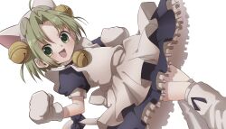 1girl apron bell curtained_hair dejiko di_gi_charat dress dutch_angle frilled_dress frills green_eyes green_hair hair_bell hair_ornament highres jingle_bell looking_at_viewer neck_bell open_mouth puffy_sleeves short_hair simple_background solo white_apron white_background yutta_5910