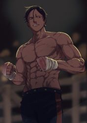 1boy abs bandages black_eyes black_hair blood blood_on_hands cowboy_shot dark-skinned_male dark_skin golden_kamuy highres koito_otonoshin male_focus navel nipples nosebleed parted_bangs pectorals short_hair solo toned toned_male tonta_(tonta1231) topless_male