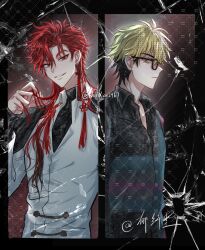 Rule 34 | 2boys, absurdres, alternate costume, alternate hairstyle, artist name, bespectacled, black border, black hair, black jacket, black shirt, blonde hair, border, broken glass, chinese commentary, closed mouth, collared shirt, earrings, glass, glasses, grin, hair between eyes, hair down, highres, holding, holding own hair, jacket, jacket on shoulders, jewelry, long hair, long sleeves, looking at viewer, male focus, multicolored hair, multiple boys, red eyes, red hair, shiguang dailiren, shirt, short hair, single earring, smile, tassel, tassel earrings, turtleneck, twitter username, two-tone hair, upper body, watermark, white shirt, xia fei, xiao weiying, yellow eyes, yuxianchen