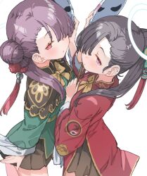 2girls bare_legs black_hair black_skirt blue_archive blush chinese_clothes cowboy_shot hair_over_one_eye halo highres hoshi_umi long_hair looking_at_viewer mask multiple_girls peking_opera_club_student purple_eyes purple_hair red_eyes ribbon simple_background skirt standing thigh_gap white_background yellow_ribbon
