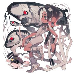 2girls agent_8_(splatoon) amaodd221 battering_lento black_hair bodysuit boots brown_hair choker coral crown detached_sleeves drone dual_wielding earrings from_side full_body gradient_hair grey_eyes hero_dualies_(splatoon) highres holding ink_tank_(splatoon) jelleton jewelry long_hair marching_andante multicolored_hair multiple_girls nintendo non-humanoid_robot octoling octoling_girl octoling_player_character parted_lips pearl_(splatoon) pearl_drone_(splatoon) robot single_detached_sleeve sleeveless sleeveless_bodysuit socks splatoon_(series) splatoon_3 splatoon_3:_side_order standing standing_on_one_leg star-shaped_pupils star_(symbol) suction_cups swarming_languendo symbol-shaped_pupils tentacle_hair two-tone_hair white_background white_bodysuit white_footwear white_socks