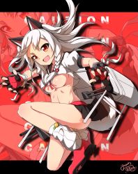 &gt;:d 1girl :d animal_ears azur_lane black_skirt braid breasts caution claw_pose collarbone commentary_request crop_top crop_top_overhang fake_animal_ears fang fingerless_gloves fingernails gloves hair_ornament highres leg_up letterboxed long_hair looking_at_viewer machinery medium_breasts midriff minowa_sukyaru open_mouth paw_print pleated_skirt red_eyes red_footwear rigging rudder_footwear school_uniform serafuku sharp_fingernails ship_turret shirt sidelocks signature skirt smile socks striped_clothes striped_legwear striped_socks tail thick_eyebrows torpedo_tubes two_side_up underboob v-shaped_eyebrows vertical-striped_clothes vertical-striped_legwear vertical-striped_socks white_hair white_legwear white_shirt yuudachi_(azur_lane)