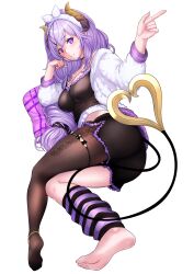 1girl absurdres alternate_costume ass barefoot black_shirt black_shorts blush breasts brown_horns brown_pantyhose cleavage closed_mouth demon_girl demon_horns demon_tail fine_fabric_emphasis fur_hairband fur_jacket hairband highres horns jacket konekoneko_(konekopi) large_breasts leg_warmers long_hair long_sleeves looking_at_viewer lying mole mole_under_mouth nanashi_inc. on_side open_clothes open_jacket pantyhose pillow pointy_ears purple_eyes purple_hair saionji_mary shirt short_shorts shorts simple_background single_leg_pantyhose smile soles solo tail transparent_background very_long_hair virtual_youtuber white_hairband white_jacket