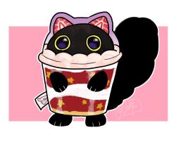 animal-themed_food animal_hands black_cat black_fur border c_39hope cat cat_paw cat_paws cup cupsie_yummy duel_monster food food-themed_creature fruit highres kamaitachi_ears looking_at_viewer milkshake pink_background signature standing strawberry tail white_border yu-gi-oh!