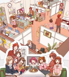 air_conditioner blue_eyes book brown_hair chain chair character_request clock closed_eyes commentary_request cross green_eyes idolmaster indoors on_chair open_mouth pants shirt skirt tagme tanupon television translation_request