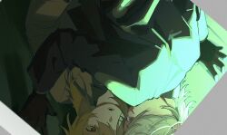 1boy 1girl alternate_costume black_gloves black_jacket blazer blonde_hair blush collared_shirt covered_mouth expressionless eyes_visible_through_hair furrowed_brow genshin_impact gloves hair_between_eyes hair_over_one_eye jacket jwuopxx kabedon long_sleeves looking_at_another looking_at_viewer lumine_(genshin_impact) lyney_(genshin_impact) open_clothes open_jacket open_mouth purple_eyes red_pupils shirt short_hair upside-down white_jacket yellow_eyes