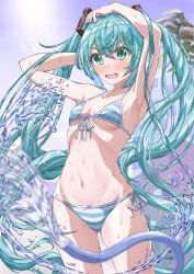 aqua_bikini aqua_hair armpits arms_up bikini blurry blurry_foreground blush breasts cleavage cowboy_shot floating_hair front-tie_bikini_top front-tie_top green_eyes hatsune_miku highres hose long_hair multicolored_bikini open_mouth outdoors qussie side-tie_bikini_bottom small_breasts striped_bikini striped_clothes summer sunlight swimsuit twintails two-tone_bikini underboob very_long_hair vocaloid wavy_mouth white_bikini