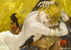 1boy absurdres accessories ancient_egyptian_clothes bird bishounen black_bird black_nails blonde_hair crow dio_brando earrings fingernails green_lips highres jewelry jojo_no_kimyou_na_bouken long_fingernails long_hair looking_at_viewer male_focus scar scar_on_neck smile solo stardust_crusaders topless_male vampire weibo_7028668330 yellow_eyes yellow_theme