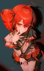 1girl ahoge artist_name bare_legs black_boots black_sleeve_cuffs boots buttons closed_mouth crossed_bangs double-breasted drill_hair drop_shadow fcjfior foot_out_of_frame frilled_skirt frills from_above grey_jacket grey_skirt hair_between_eyes hand_on_own_thigh hand_up highres jacket kasane_teto kasane_teto_(sv) lace-up_boots leaning_forward long_sleeves looking_at_viewer musical_staff musical_staff_print nail_polish red_eyes red_hair red_nails red_trim shadow shoulder_belt shoulder_boards sidelocks signature skirt solo synthesizer_v twin_drills utau