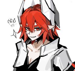 1boy aotu_world black_shirt chinese_commentary chinese_text collarbone cropped_jacket doodle_inset grin hair_between_eyes headgear jacket long_hair looking_at_viewer male_focus open_clothes open_jacket pectoral_cleavage pectorals pius_(aotu_world) pointy_ears red_eyes red_hair sharp_teeth shirt simple_background smile solo teeth upper_body white_background white_jacket yuanlu75656