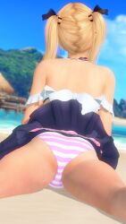 1girl 3d ass back beach bikini blonde_hair crotch day dead_or_alive dead_or_alive_xtreme dead_or_alive_xtreme_venus_vacation from_behind marie_rose medium_hair ocean sand shiny_skin skirt striped_bikini striped_clothes swimsuit thighs twintails water wet